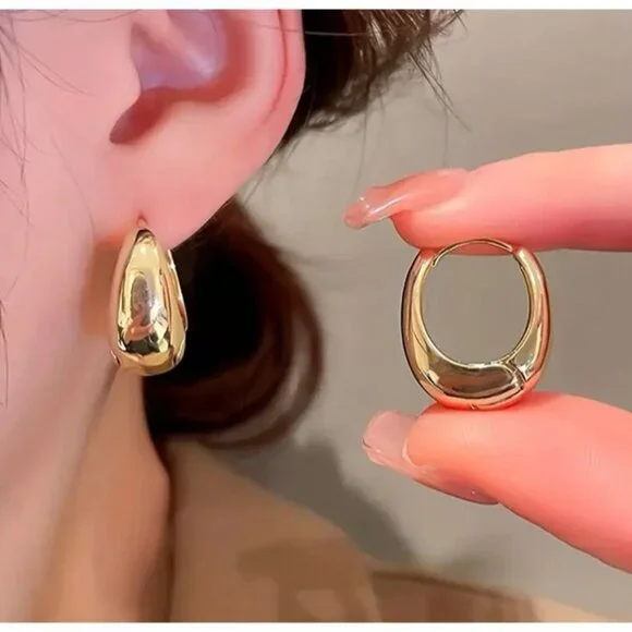 14K Gold Plated Oval Hoop Earrings Organic Irregular Chunky Statement Modern - Picture 2 of 3